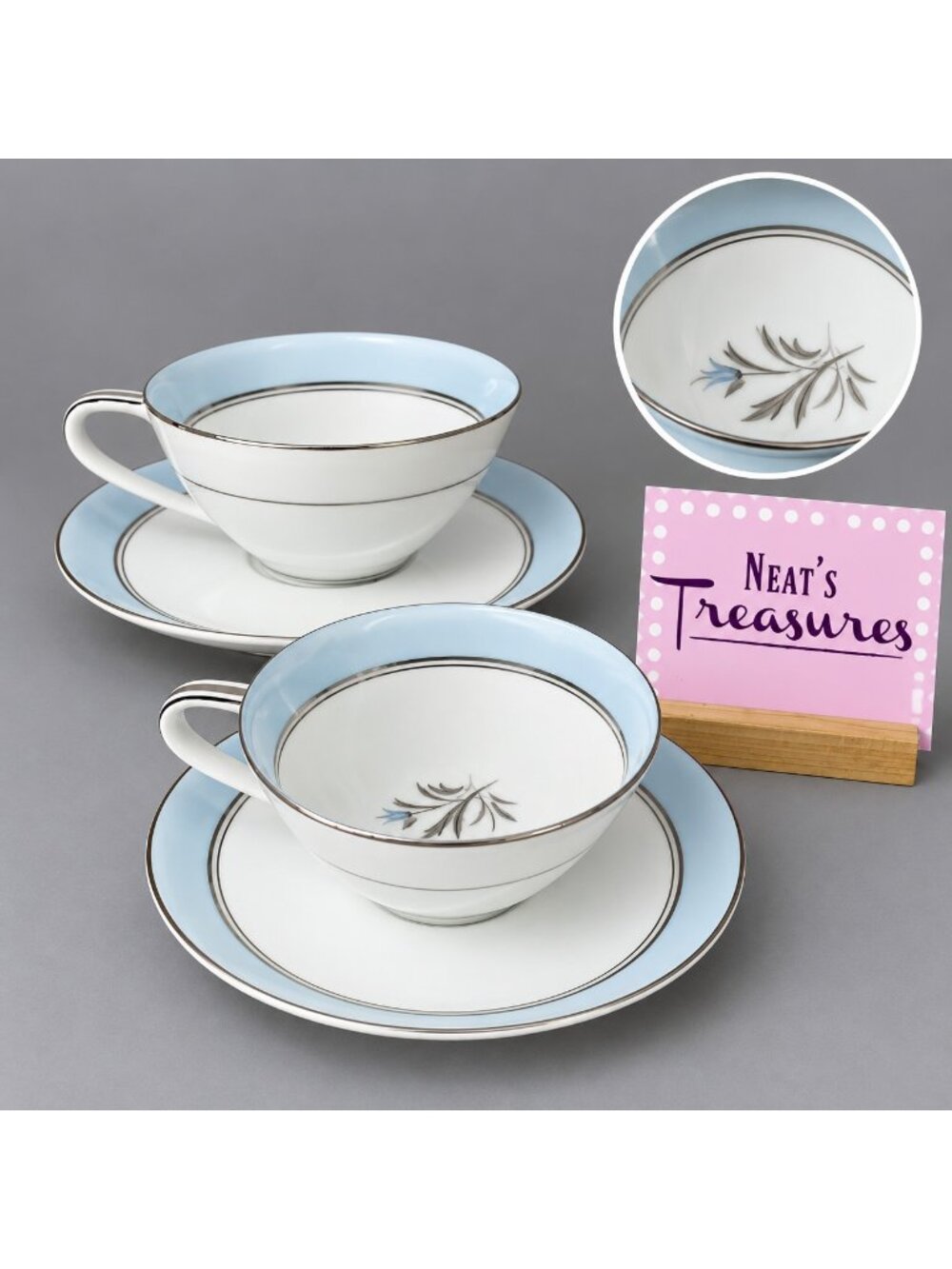 MCM Noritake BLUEBELL Blue Band & Flowers Gray Leave Japan Cups & Saucers Set 2
